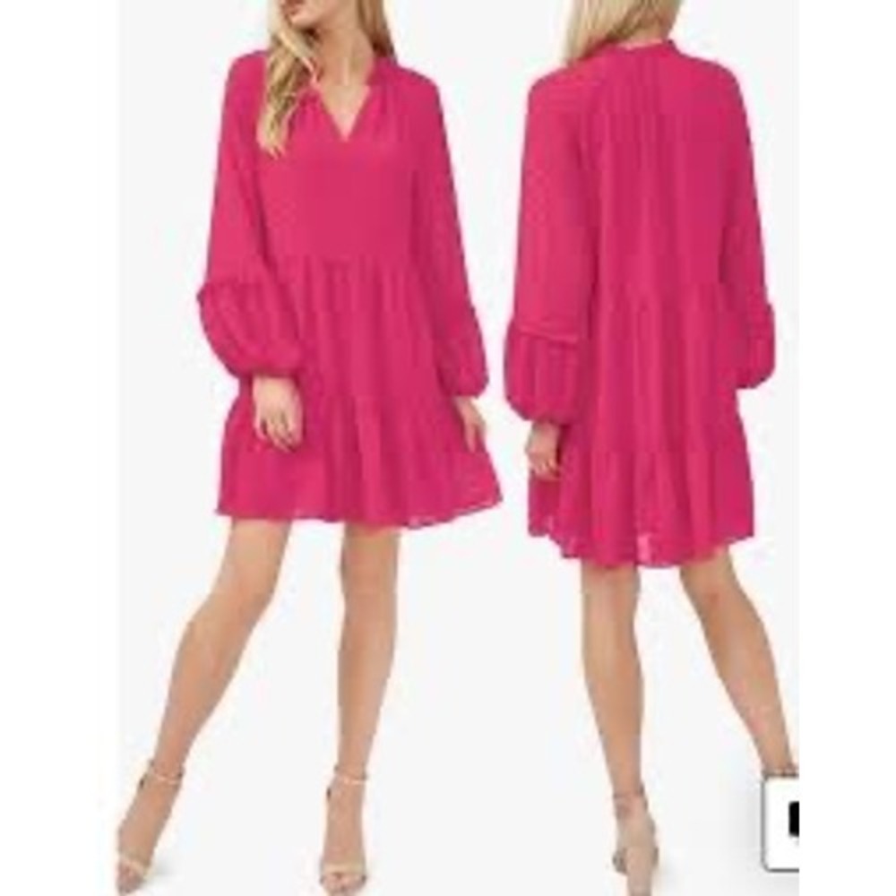 CeCe XS Plumeria Pink Clip Dot Ruffle Long Sleeve Shift Dress Boho Tiered
